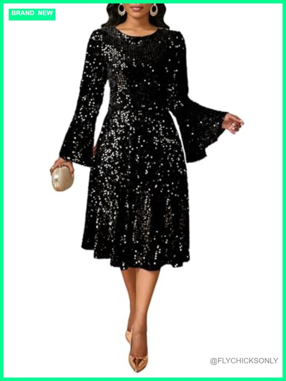 Sequin A Line Midi Dress Bell Sleeve Round Neck Formal Party